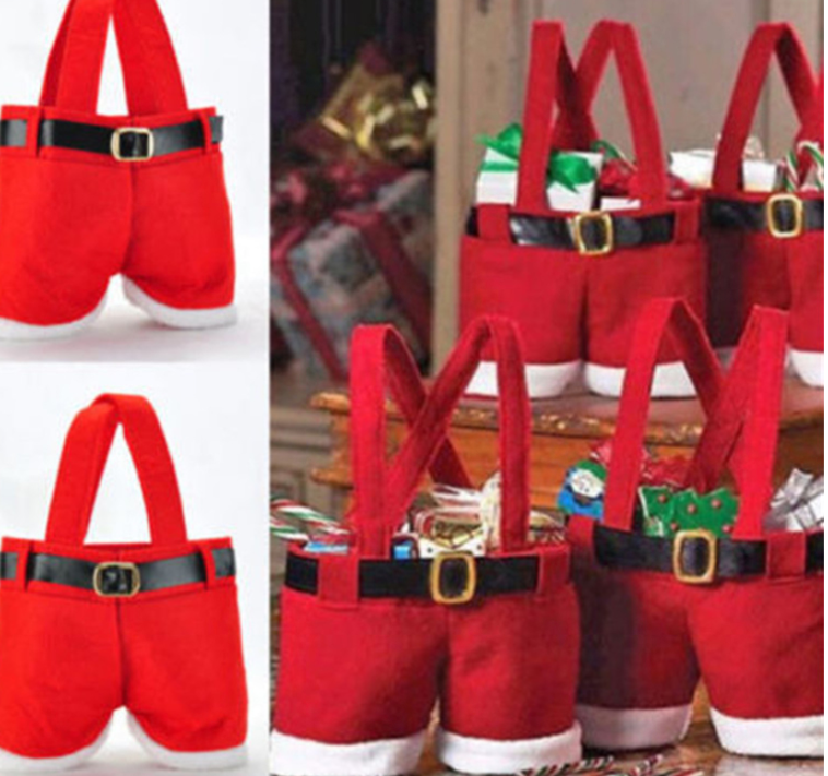 Wool fabric gift bag shaped like Santa pants, perfect for holding candies and small gifts, featuring hollow legs for storage.