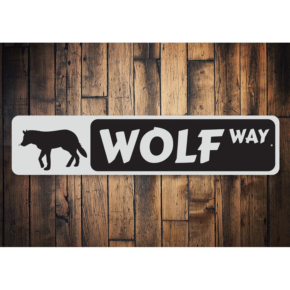 Wolf Way Sign made of high-quality aluminum, featuring a decorative design perfect for lakehouses, with pre-drilled holes for easy mounting.