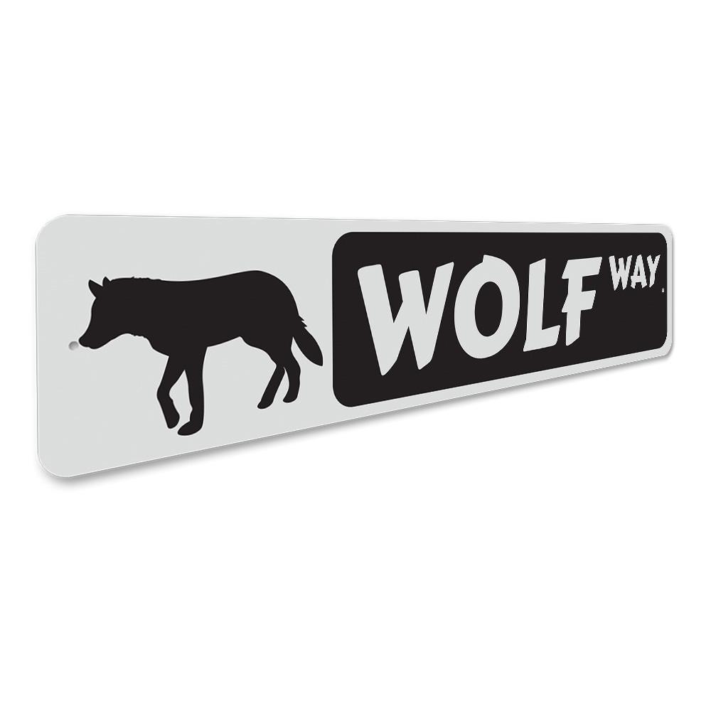 Wolf Way Sign made of high-quality aluminum, featuring a decorative design perfect for lakehouses, with pre-drilled holes for easy mounting.