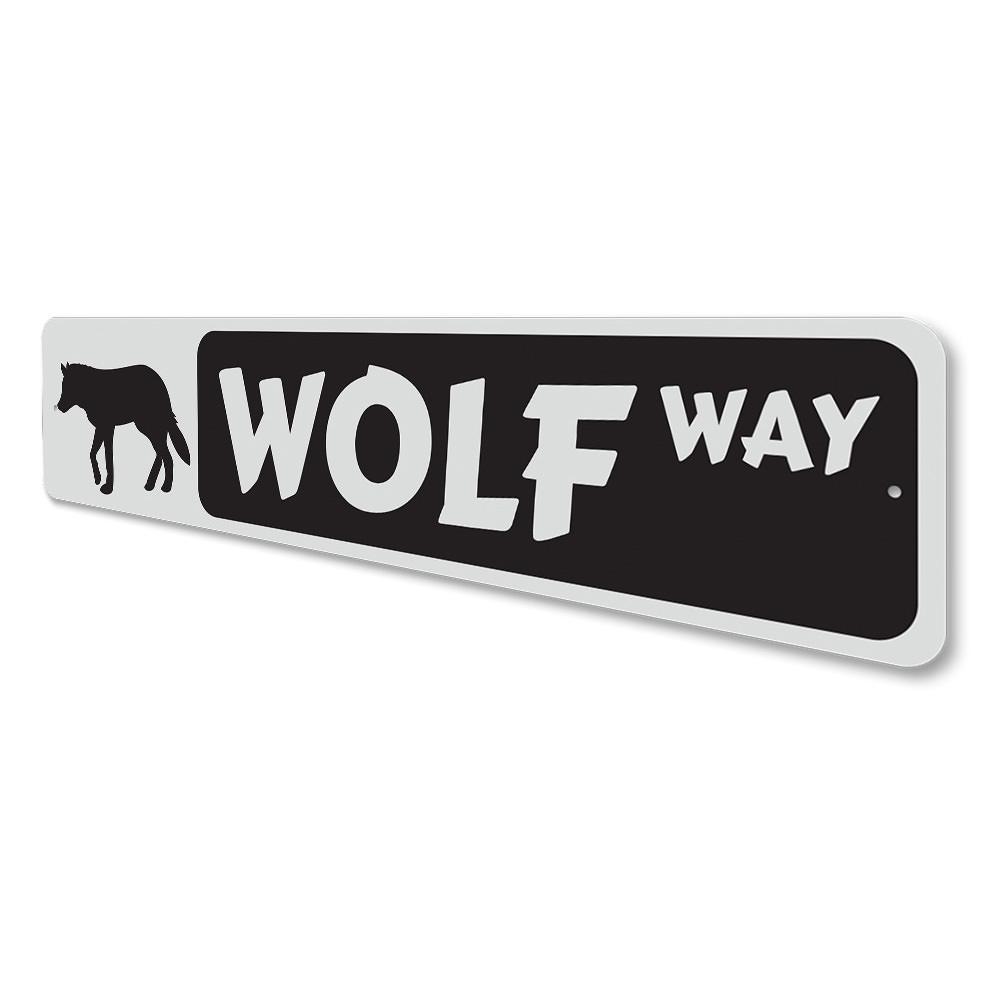 Wolf Way Sign made of high-quality aluminum, featuring a decorative design perfect for lakehouses, with pre-drilled holes for easy mounting.