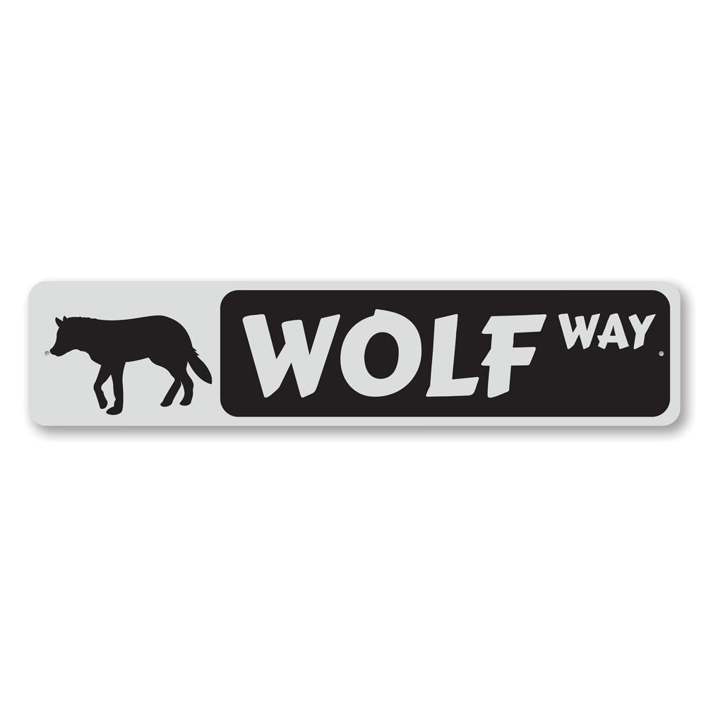 Wolf Way Sign made of high-quality aluminum, featuring a decorative design perfect for lakehouses, with pre-drilled holes for easy mounting.