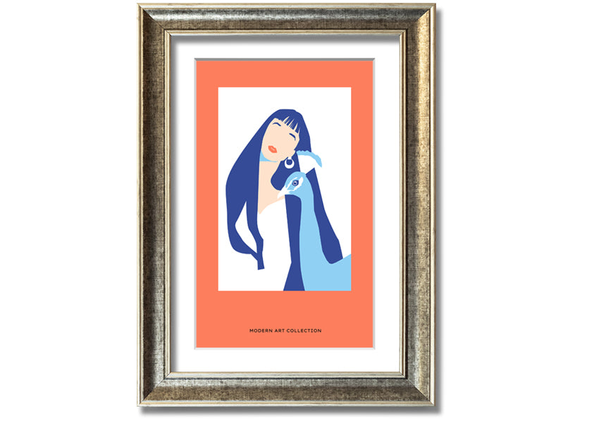 A beautifully framed print of a woman with a peacock, showcasing vibrant colors and intricate details, ready to hang.