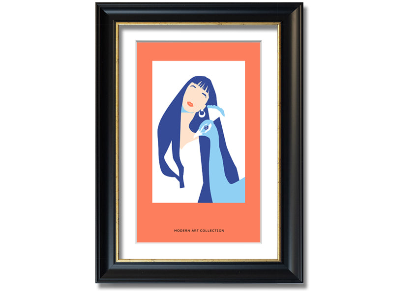 A beautifully framed print of a woman with a peacock, showcasing vibrant colors and intricate details, ready to hang.