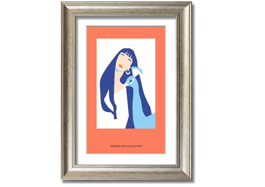 A beautifully framed print of a woman with a peacock, showcasing vibrant colors and intricate details, ready to hang.