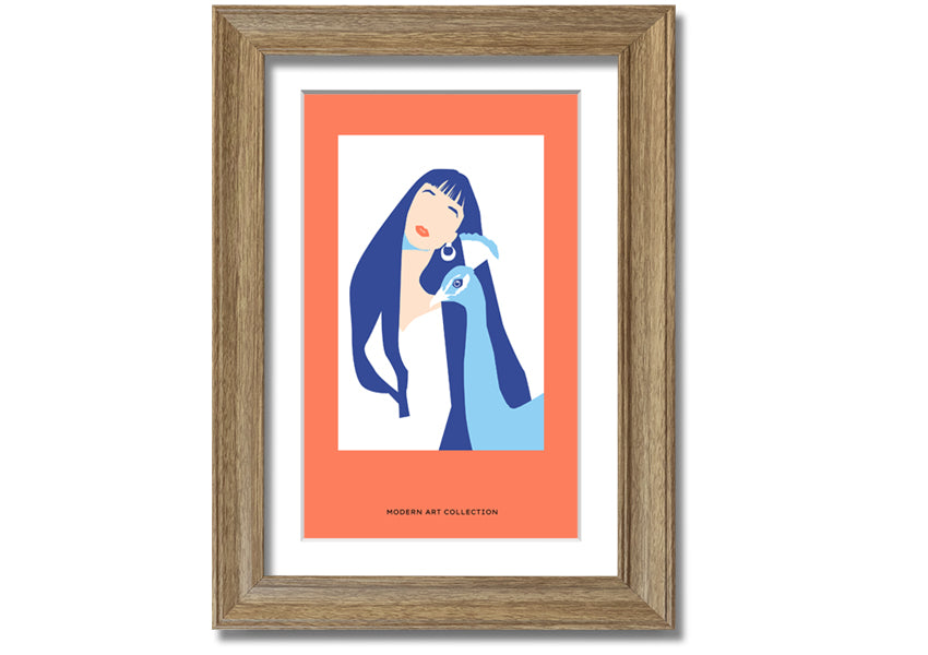 A beautifully framed print of a woman with a peacock, showcasing vibrant colors and intricate details, ready to hang.