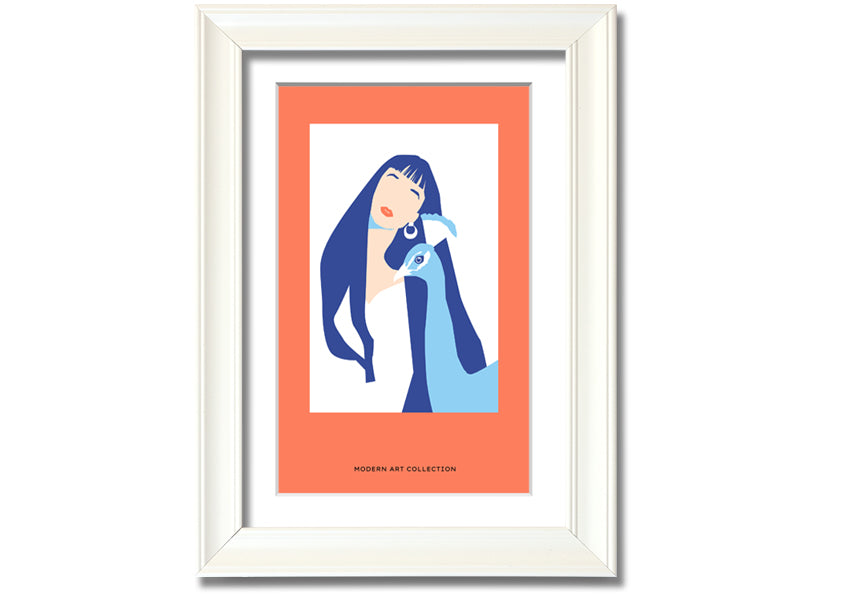 A beautifully framed print of a woman with a peacock, showcasing vibrant colors and intricate details, ready to hang.