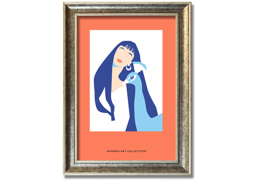 A beautifully framed print of a woman with a peacock, showcasing vibrant colors and intricate details, ready to hang.