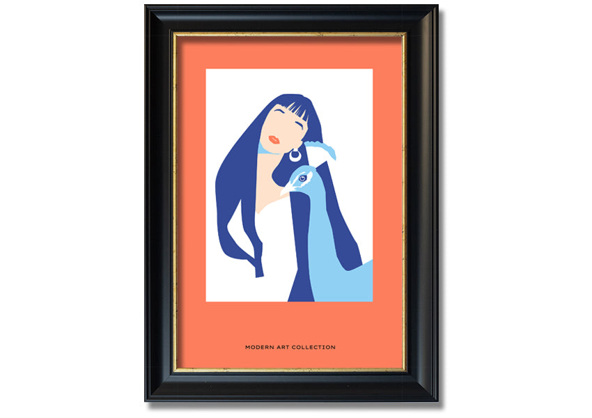 A beautifully framed print of a woman with a peacock, showcasing vibrant colors and intricate details, ready to hang.