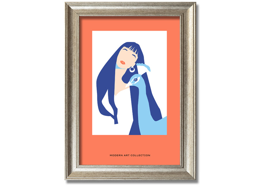 A beautifully framed print of a woman with a peacock, showcasing vibrant colors and intricate details, ready to hang.