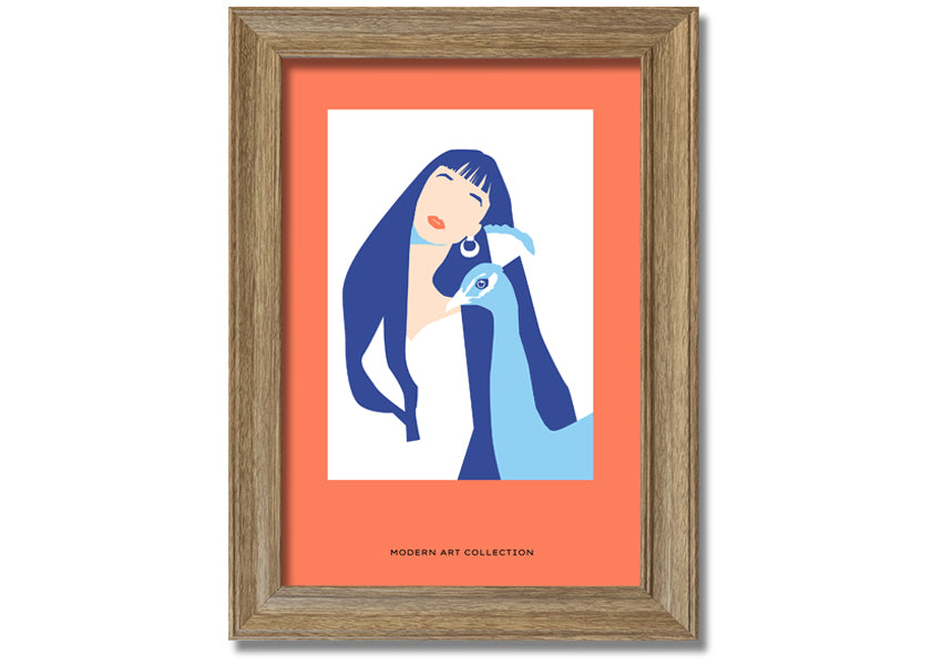 A beautifully framed print of a woman with a peacock, showcasing vibrant colors and intricate details, ready to hang.