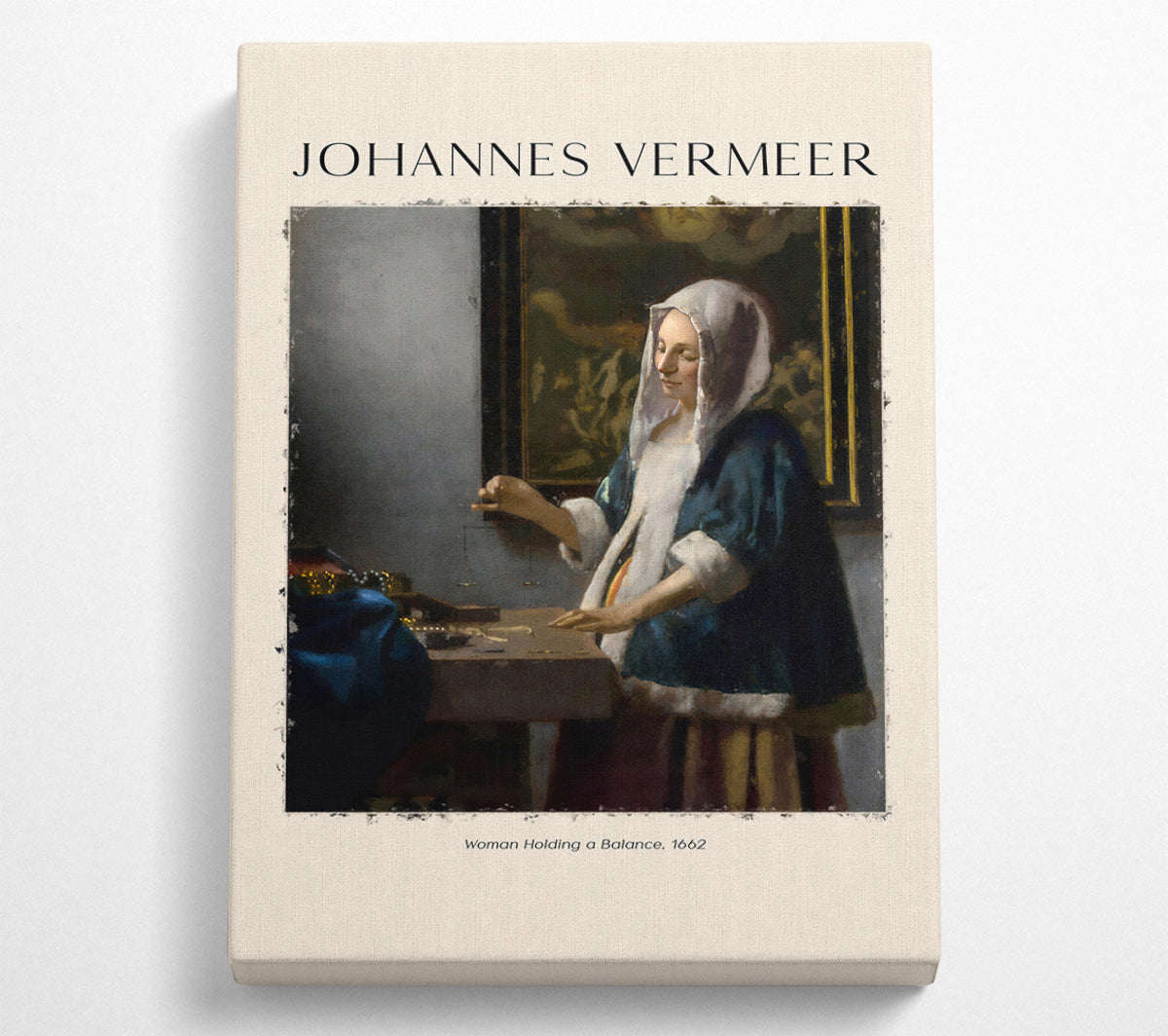 A detailed reproduction of 'Woman Holding A Balance' by Vermeer, showcasing a woman in a serene setting with a balance scale.