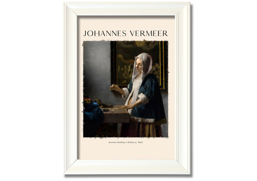 A detailed reproduction of 'Woman Holding A Balance' by Johannes Vermeer, showcasing a woman with a balance scale in a serene setting.