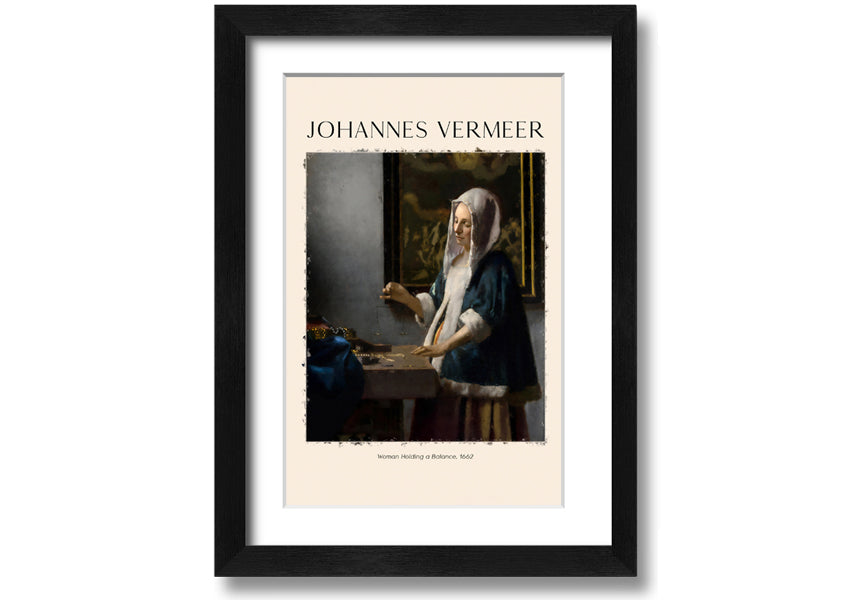 A detailed reproduction of 'Woman Holding A Balance' by Johannes Vermeer, showcasing a woman with a balance scale in a serene setting.