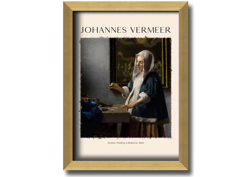 A detailed reproduction of 'Woman Holding A Balance' by Johannes Vermeer, showcasing a woman with a balance scale in a serene setting.