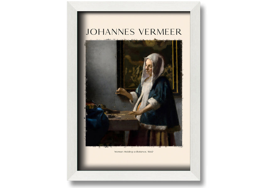 A detailed reproduction of 'Woman Holding A Balance' by Johannes Vermeer, showcasing a woman with a balance scale in a serene setting.