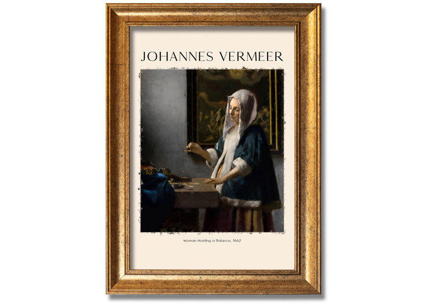 A detailed reproduction of 'Woman Holding A Balance' by Johannes Vermeer, showcasing a woman with a balance scale in a serene setting.