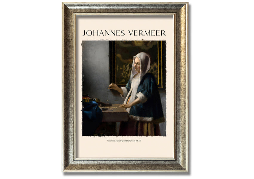 A detailed reproduction of 'Woman Holding A Balance' by Johannes Vermeer, showcasing a woman with a balance scale in a serene setting.