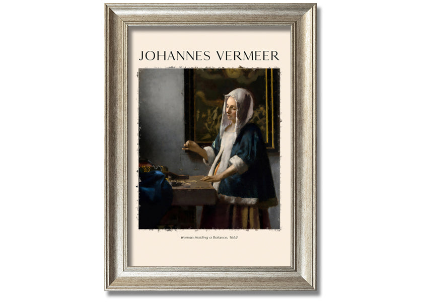 A detailed reproduction of 'Woman Holding A Balance' by Johannes Vermeer, showcasing a woman with a balance scale in a serene setting.