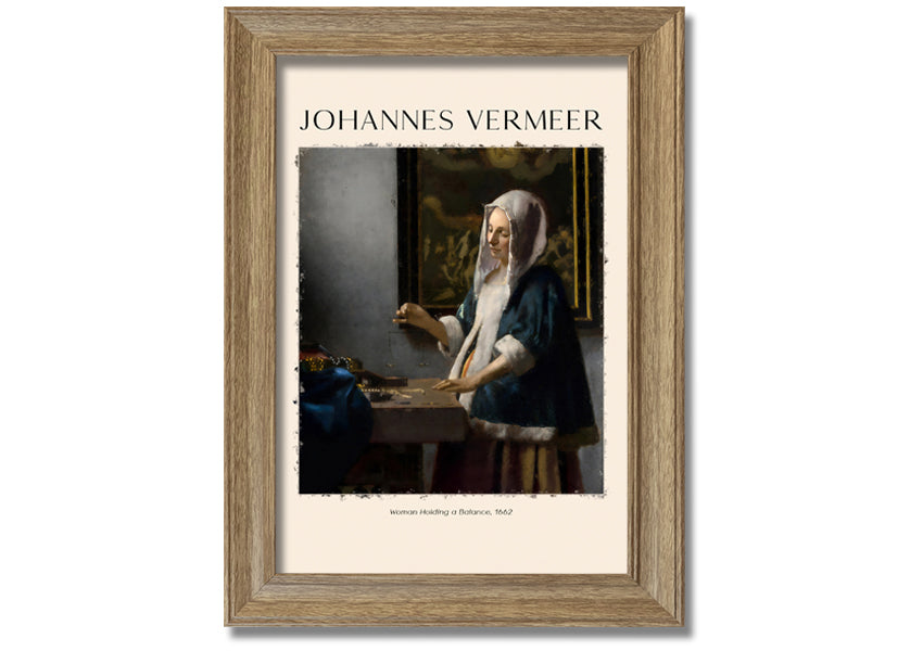 A detailed reproduction of 'Woman Holding A Balance' by Johannes Vermeer, showcasing a woman with a balance scale in a serene setting.