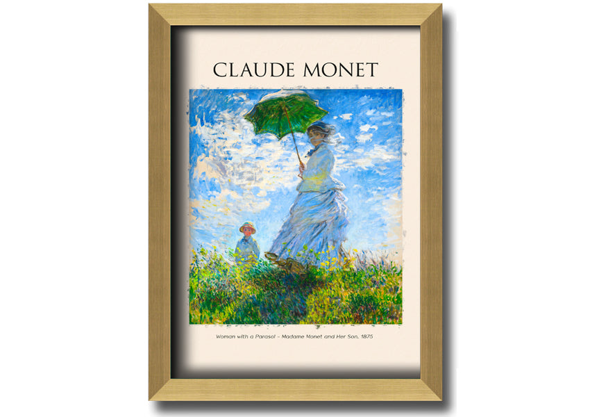 A beautiful reproduction of Claude Monet's 'Woman With A Parasol', showcasing vibrant colors and intricate details on a coated polyester canvas.