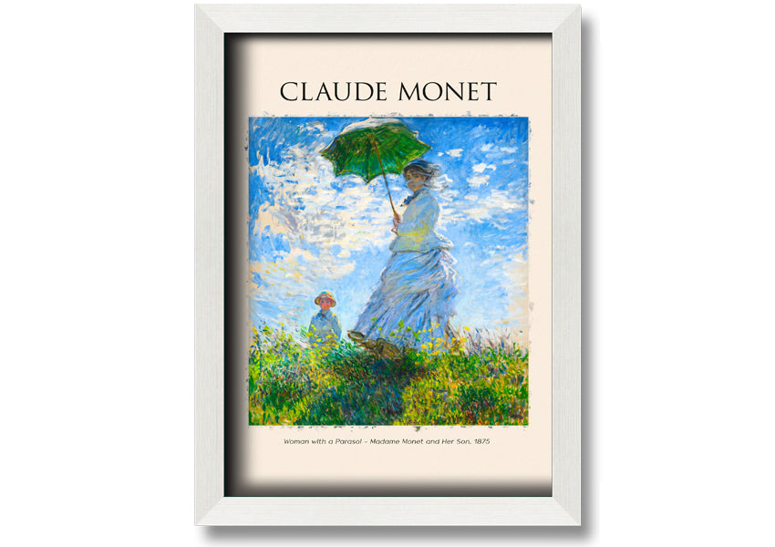 A beautiful reproduction of Claude Monet's 'Woman With A Parasol', showcasing vibrant colors and intricate details on a coated polyester canvas.