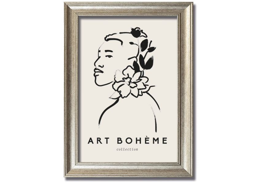 Framed print of a woman surrounded by colorful flowers, showcasing vibrant colors and intricate details.