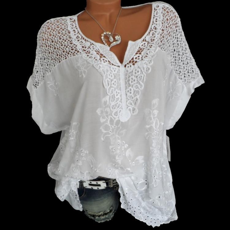 Women's white lace blouse with V-neck and short sleeves, designed for plus sizes up to 5XL.