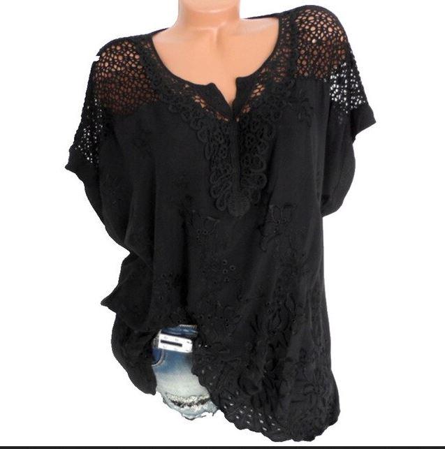 Women's white lace blouse with V-neck and short sleeves, designed for plus sizes up to 5XL.