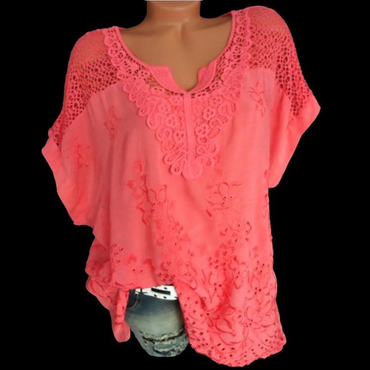 Women's white lace blouse with V-neck and short sleeves, designed for plus sizes up to 5XL.