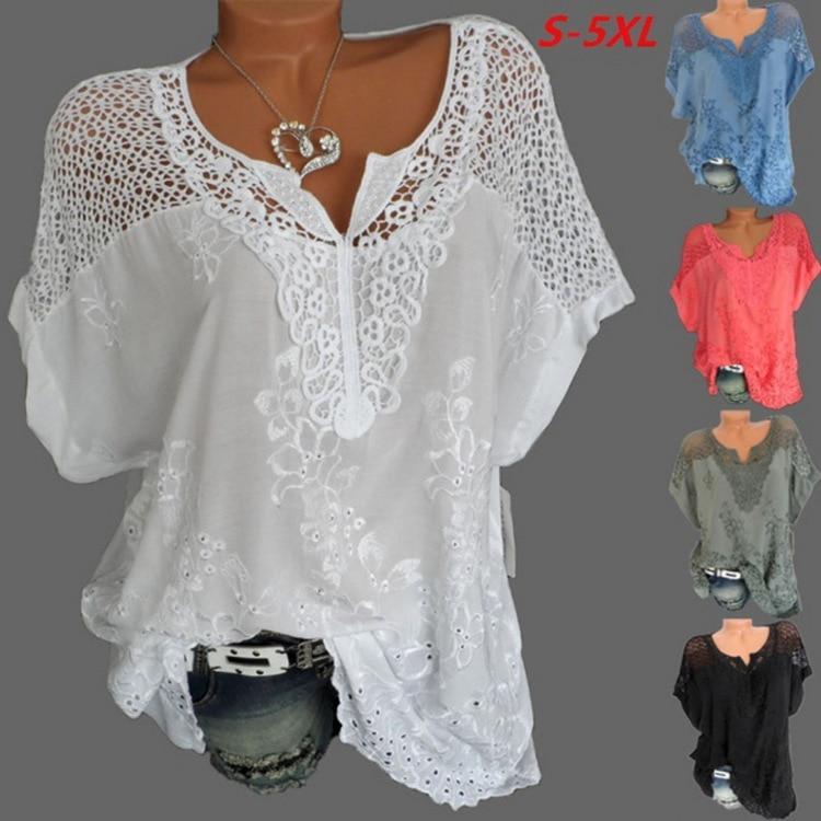 Women's white lace blouse with V-neck and short sleeves, designed for plus sizes up to 5XL.