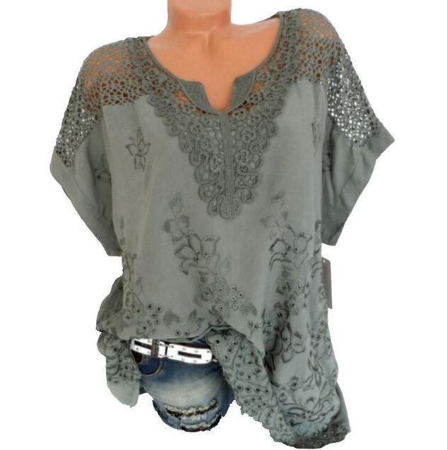 Women's white lace blouse with V-neck and short sleeves, designed for plus sizes up to 5XL.