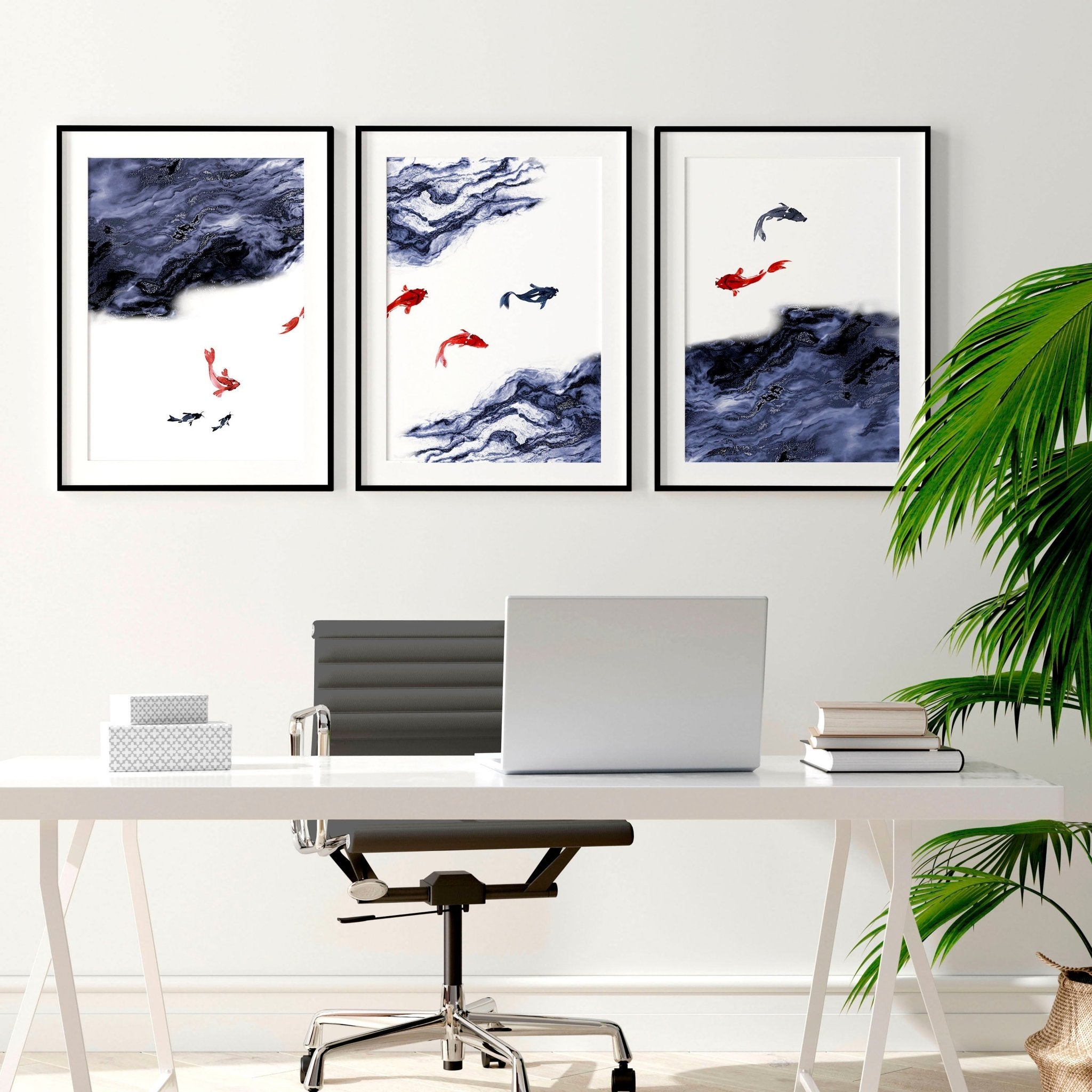 Set of 3 Japanese wall art prints featuring serene Koi fishes swimming in a blue pond, perfect for office decor.