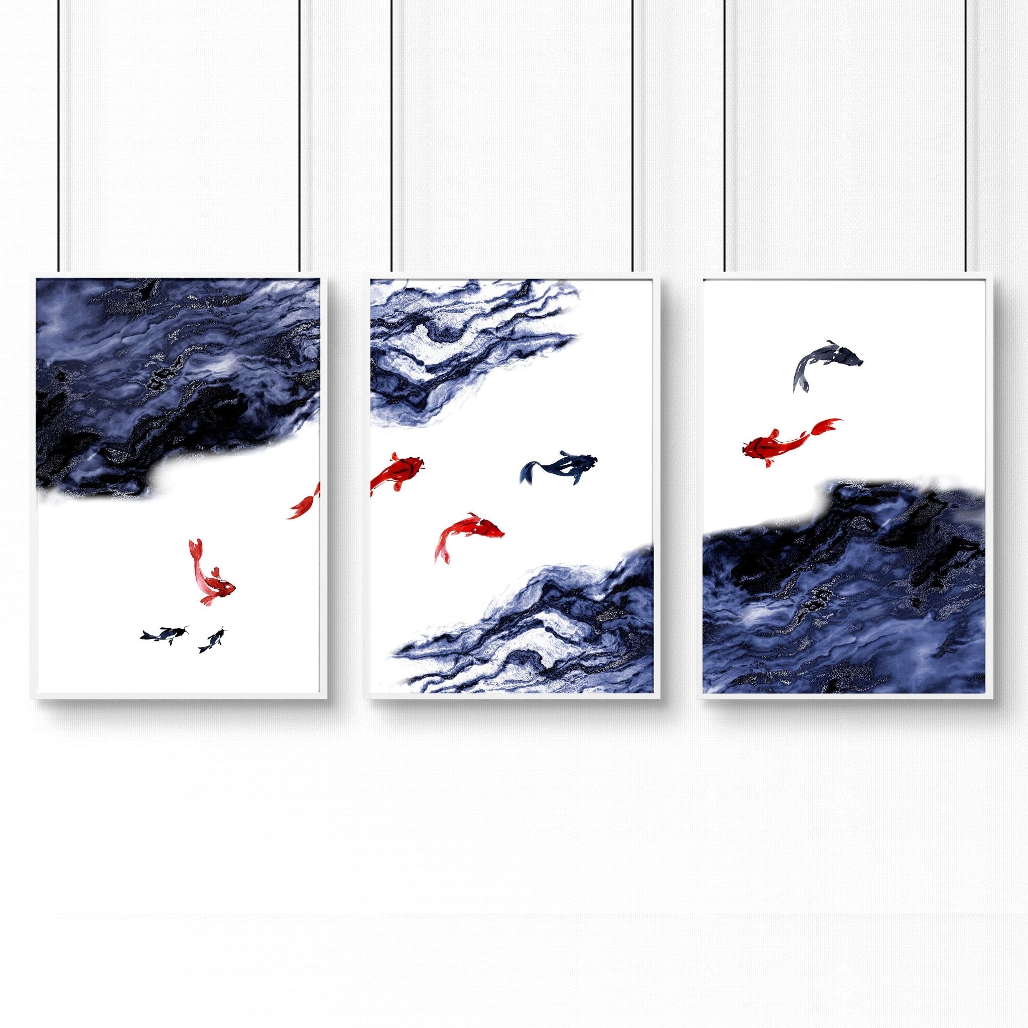 Set of 3 Japanese wall art prints featuring serene Koi fishes swimming in a blue pond, perfect for office decor.