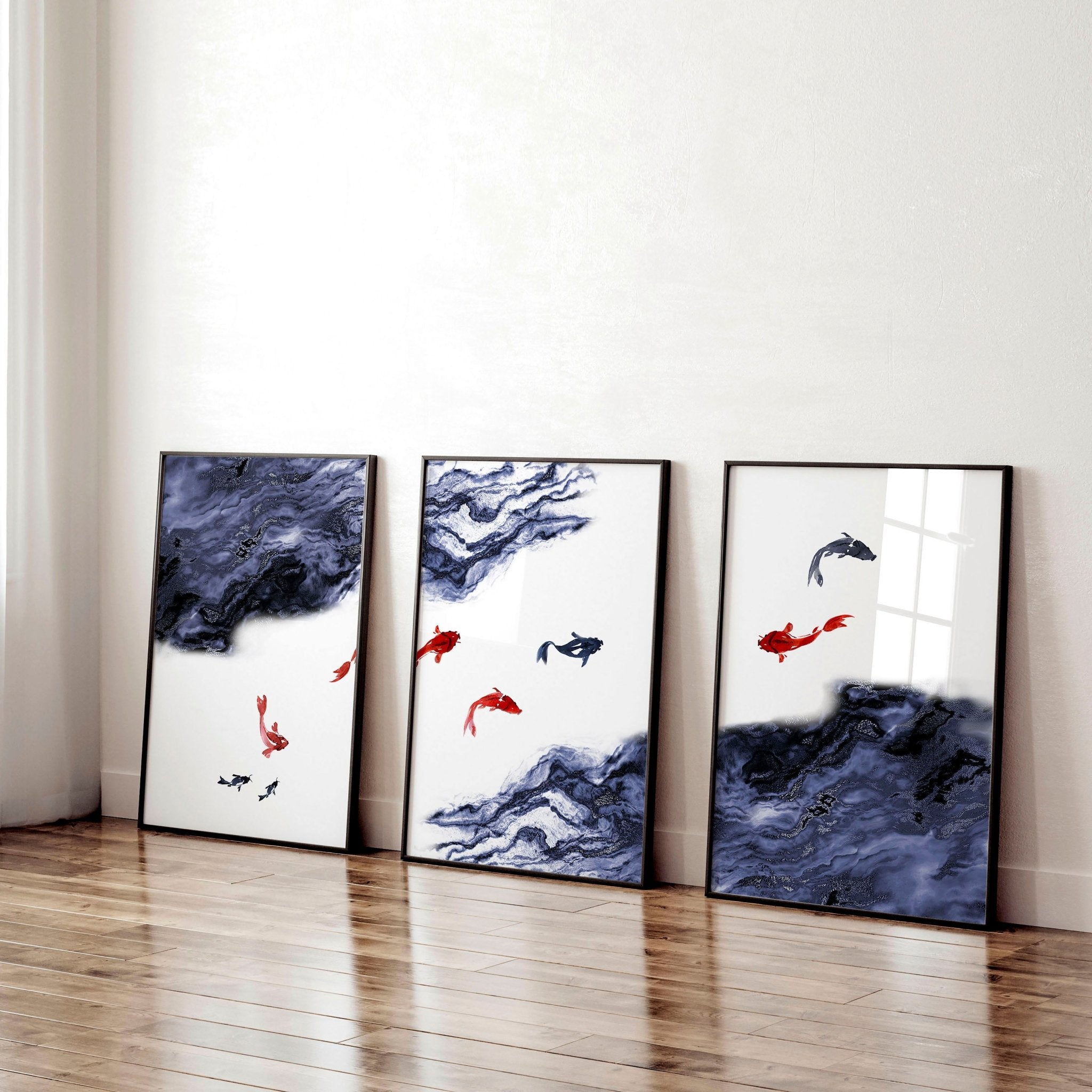 Set of 3 Japanese wall art prints featuring serene Koi fishes swimming in a blue pond, perfect for office decor.