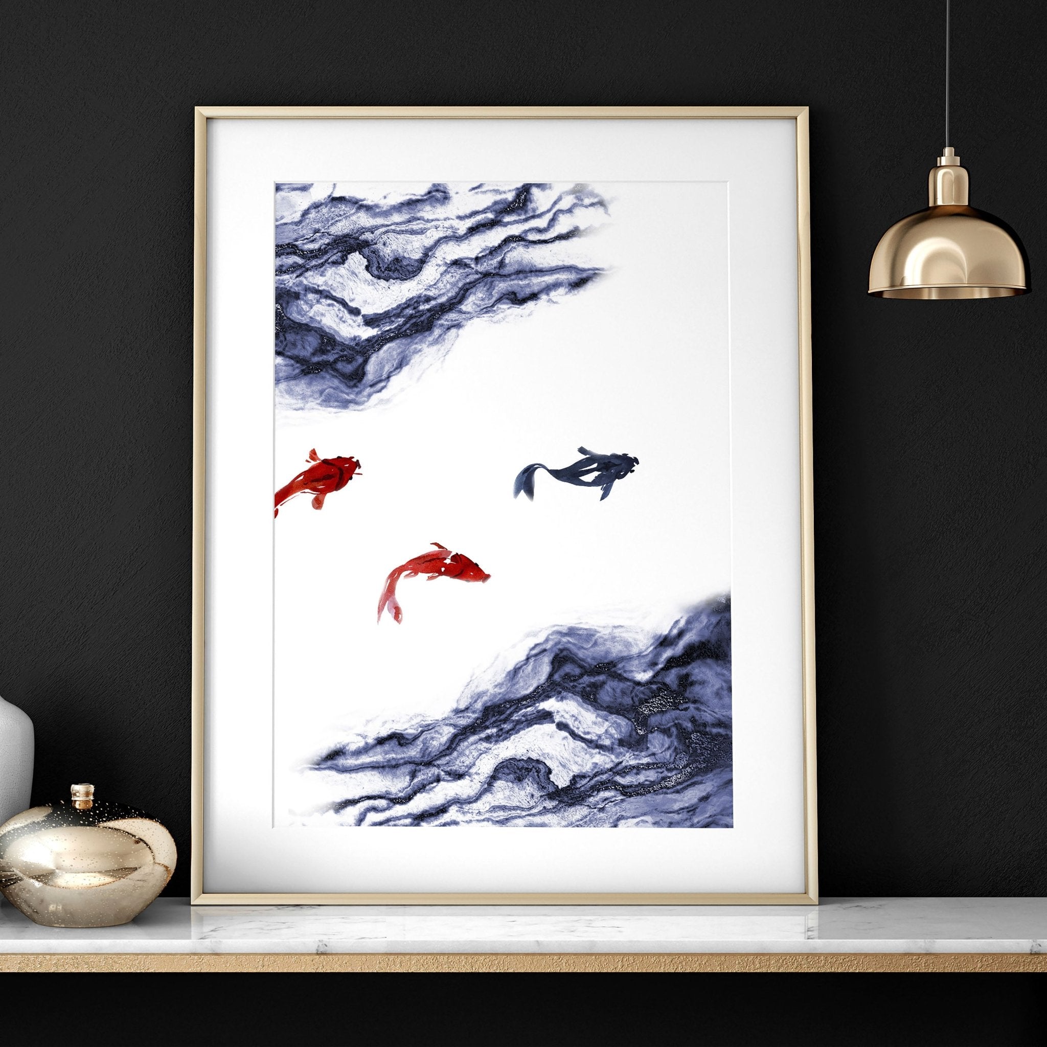 Set of 3 Japanese wall art prints featuring serene Koi fishes swimming in a blue pond, perfect for office decor.