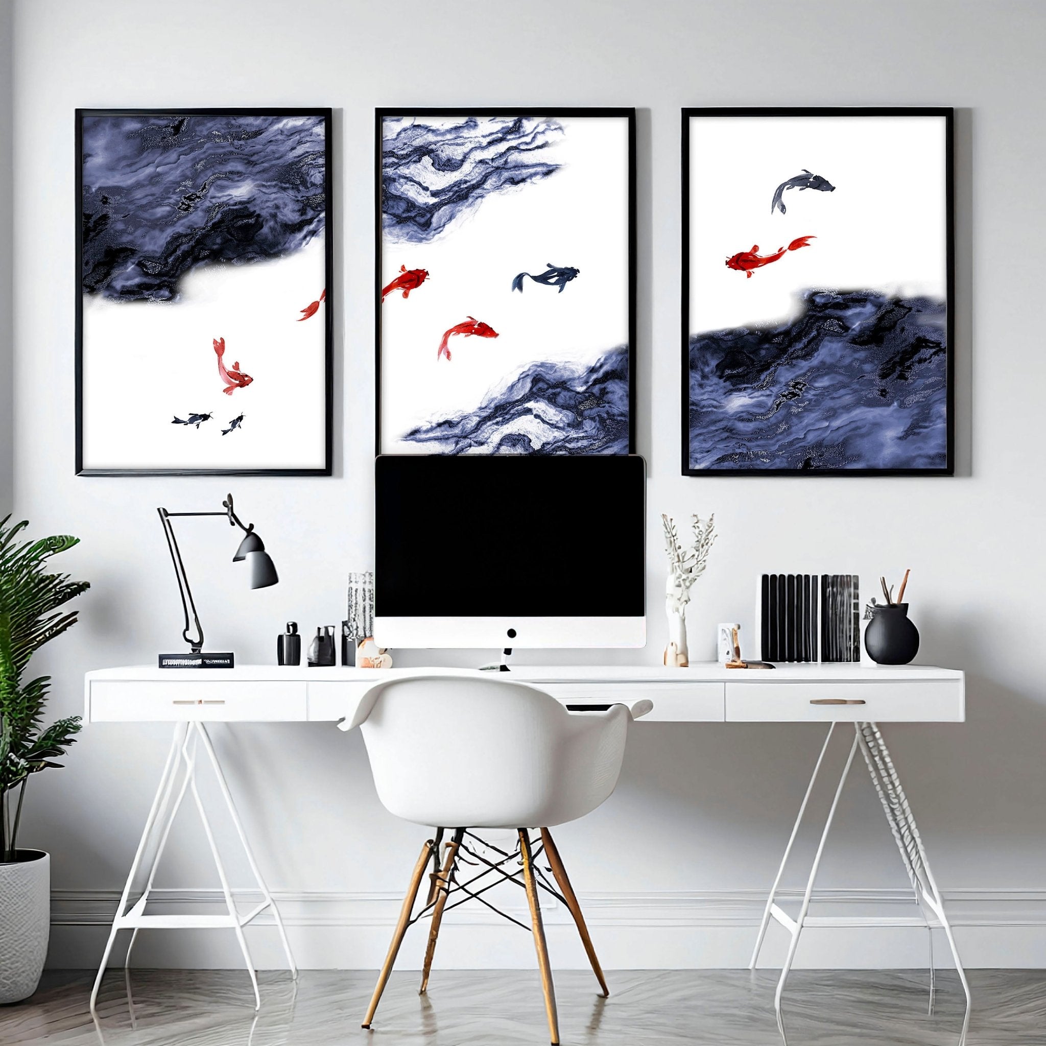 Set of 3 Japanese wall art prints featuring serene Koi fishes swimming in a blue pond, perfect for office decor.