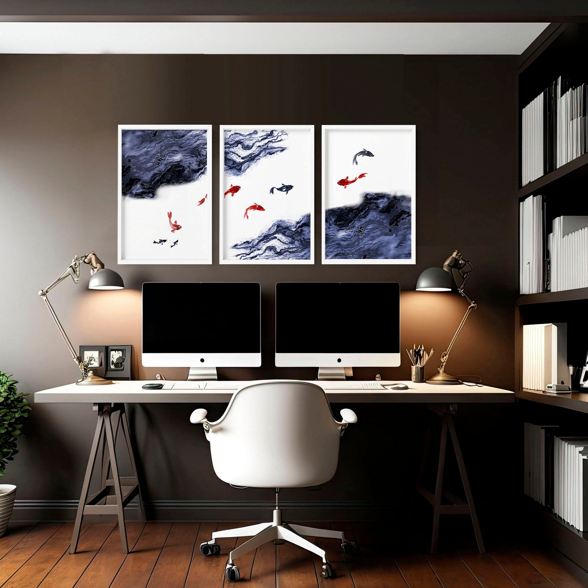 Set of 3 Japanese wall art prints featuring serene Koi fishes swimming in a blue pond, perfect for office decor.