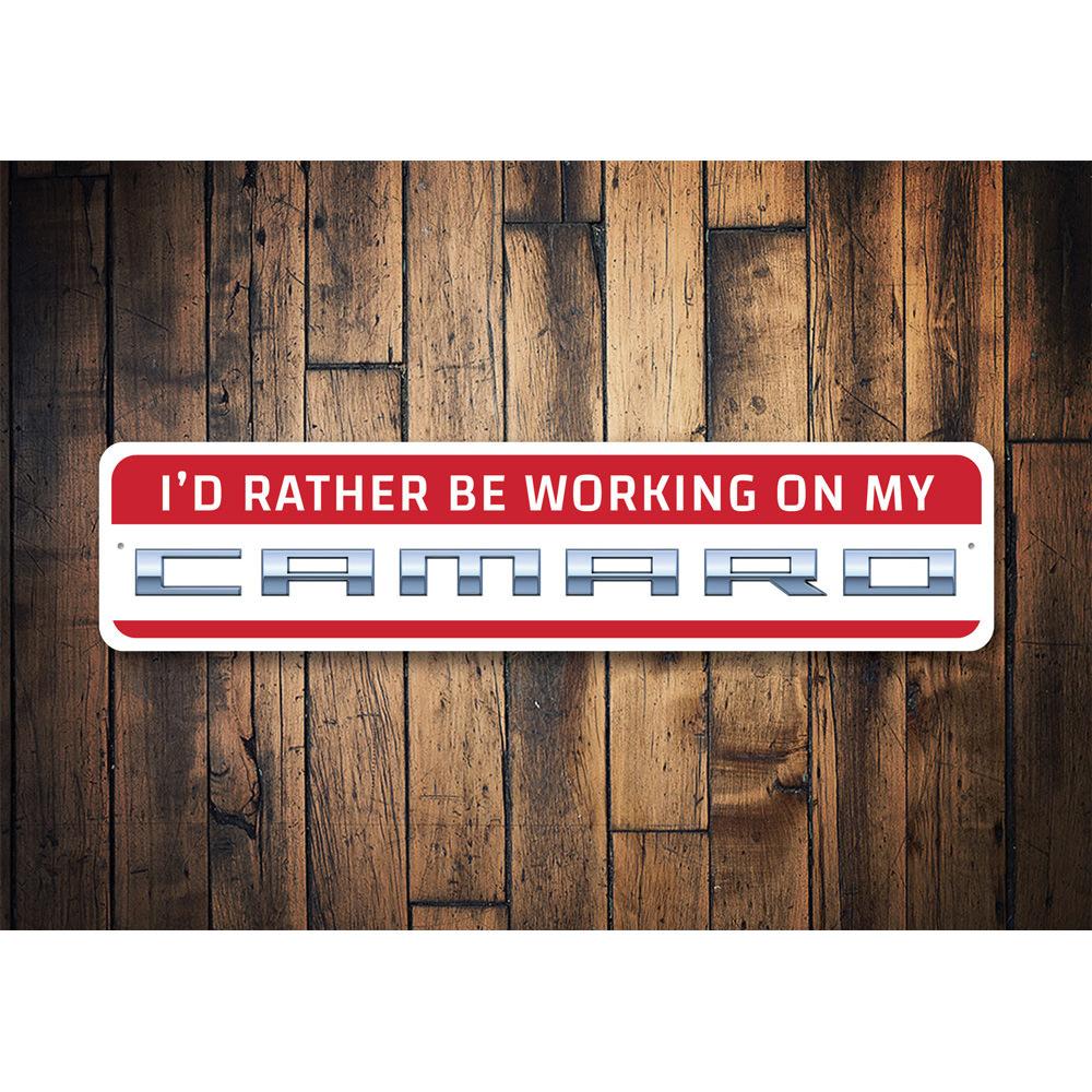 Customizable metal sign featuring 'Working on My Camaro' text, made from high-quality aluminum, perfect for garages or man caves.