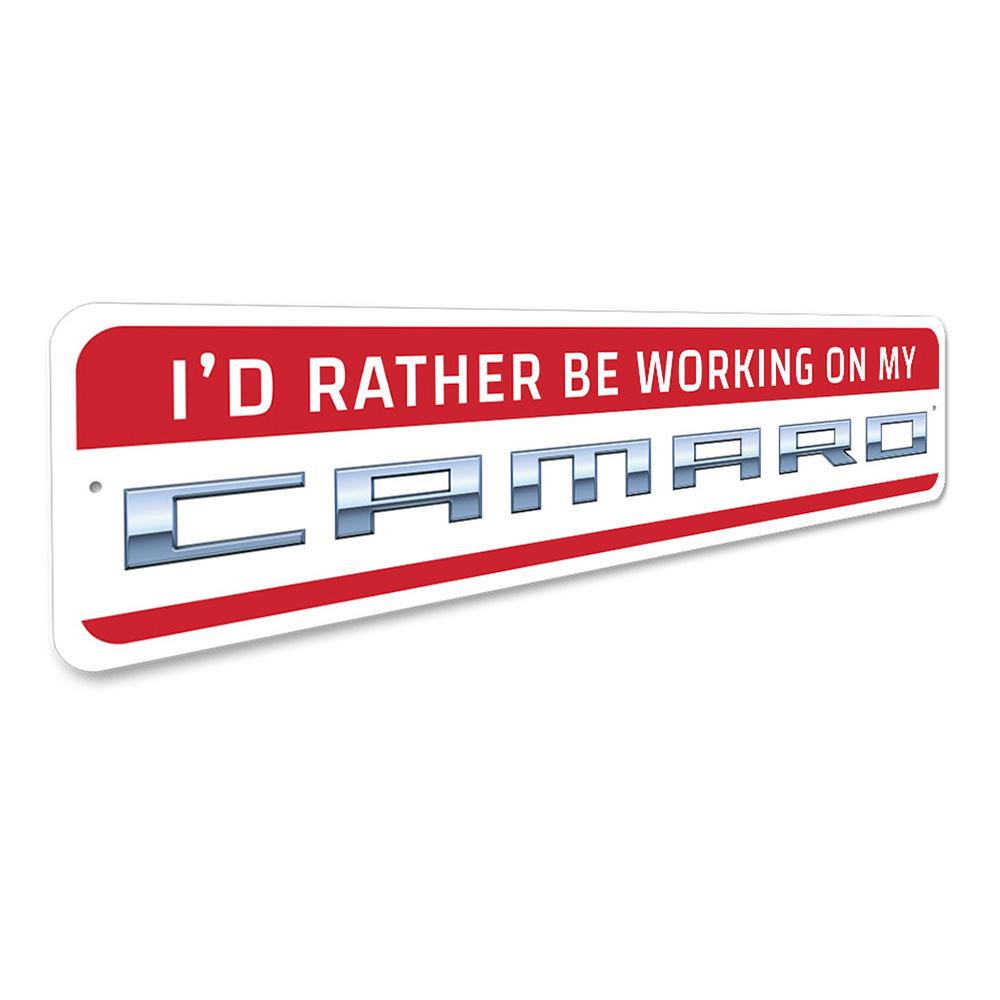 Customizable metal sign featuring 'Working on My Camaro' text, made from high-quality aluminum, perfect for garages or man caves.