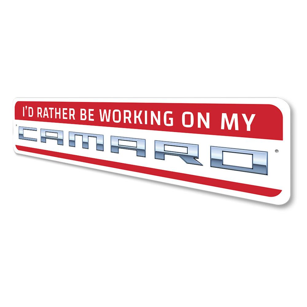 Customizable metal sign featuring 'Working on My Camaro' text, made from high-quality aluminum, perfect for garages or man caves.