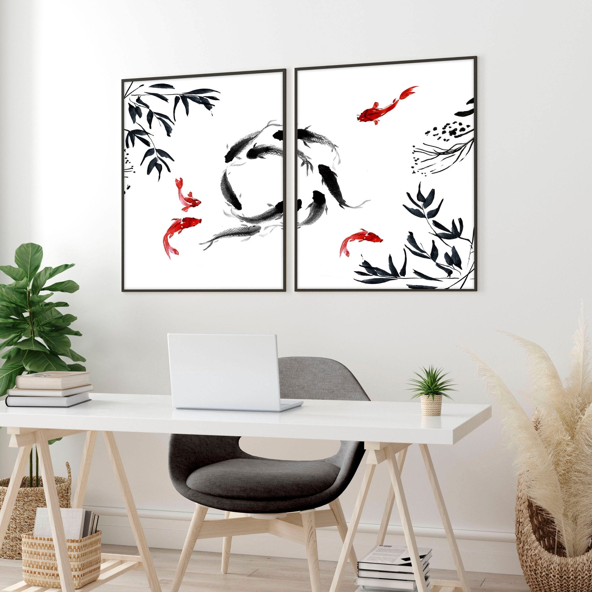 Set of 2 Japanese wall art prints featuring minimalist Koi fishes in a tranquil pond, designed for office decor.