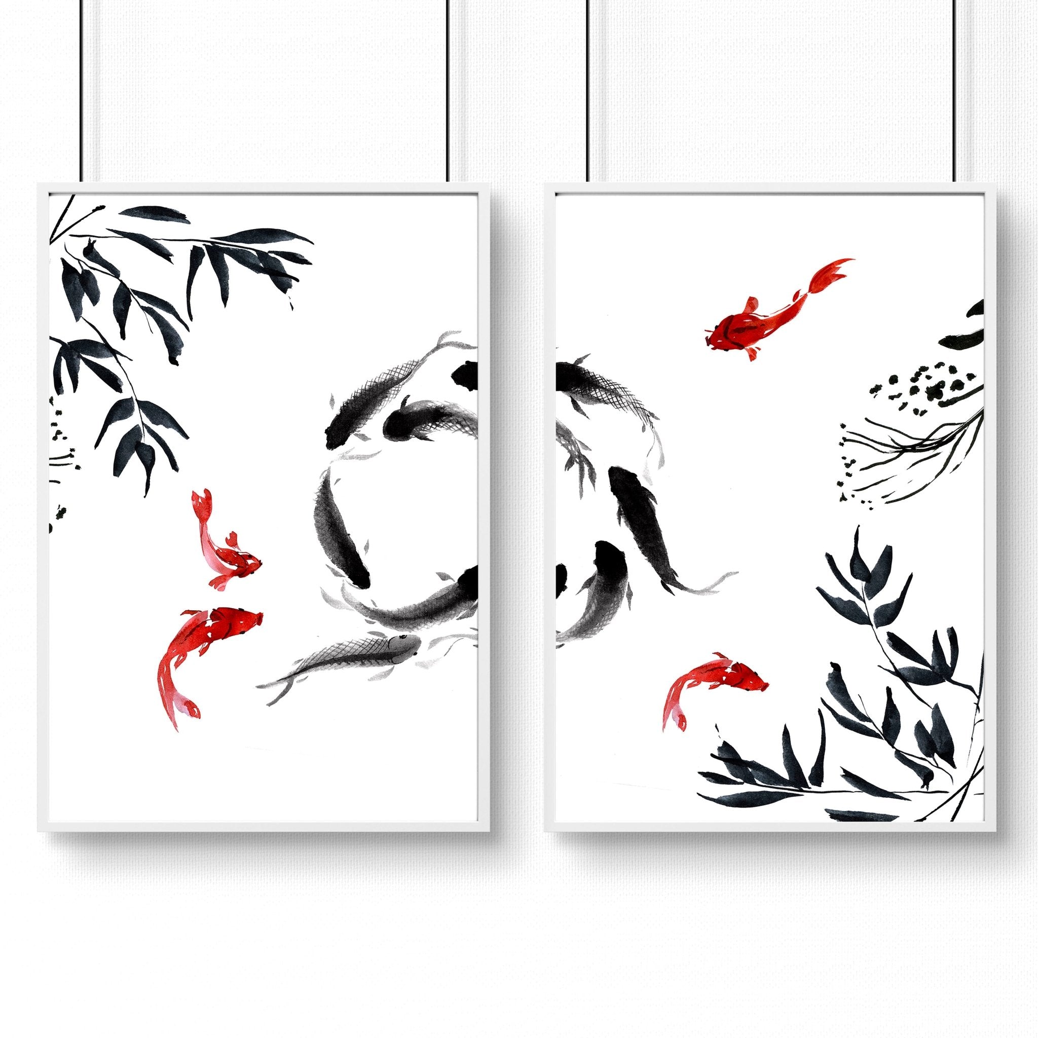 Set of 2 Japanese wall art prints featuring minimalist Koi fishes in a tranquil pond, designed for office decor.