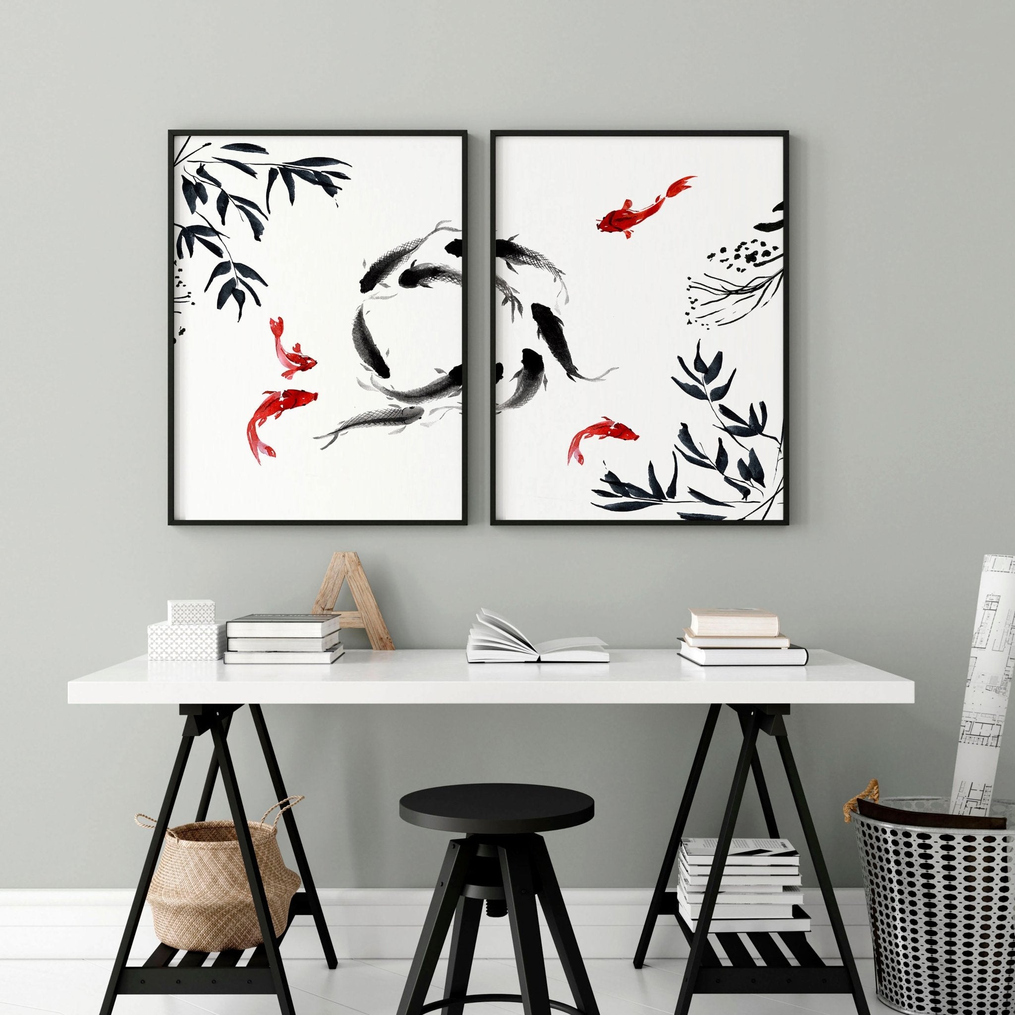 Set of 2 Japanese wall art prints featuring minimalist Koi fishes in a tranquil pond, designed for office decor.