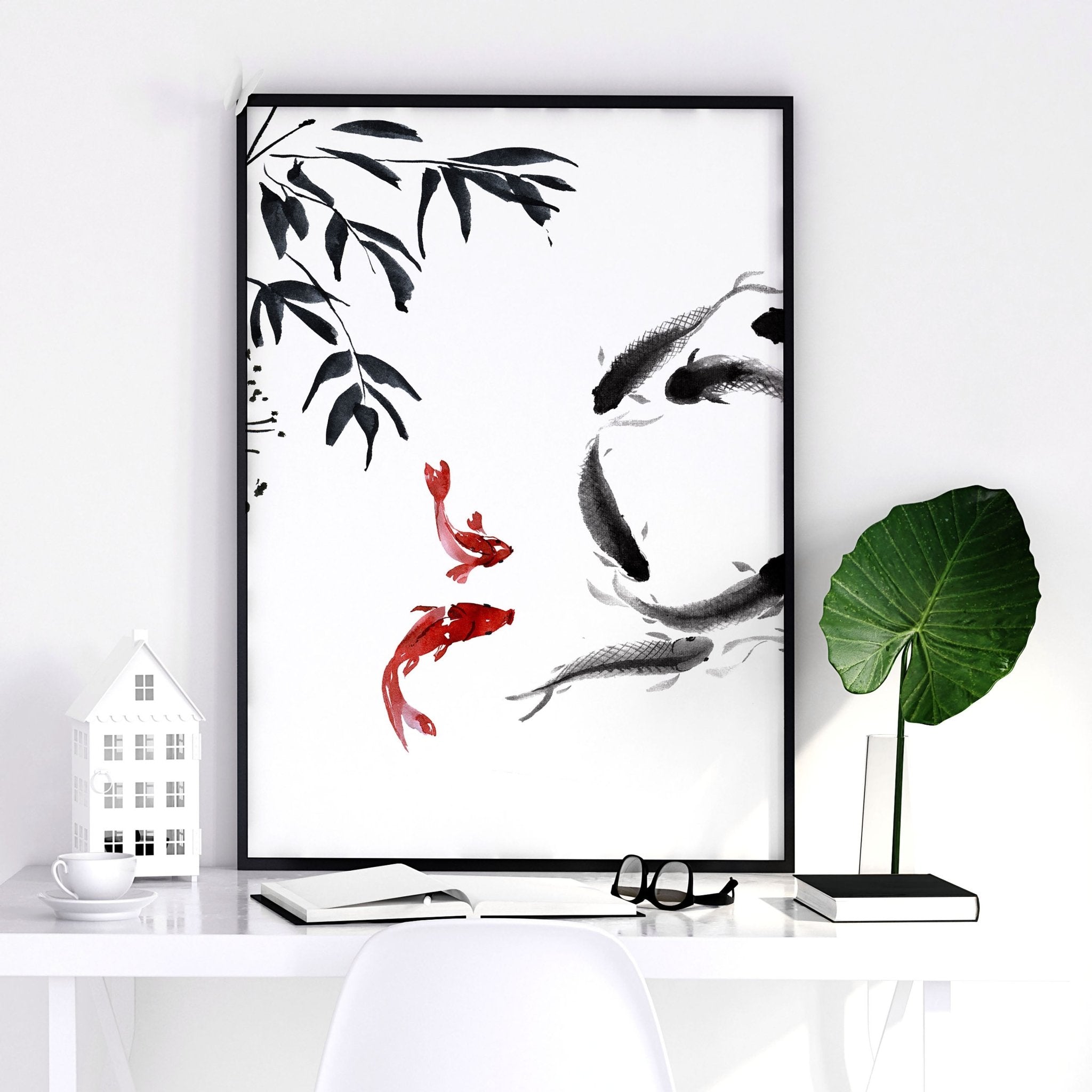 Set of 2 Japanese wall art prints featuring minimalist Koi fishes in a tranquil pond, designed for office decor.