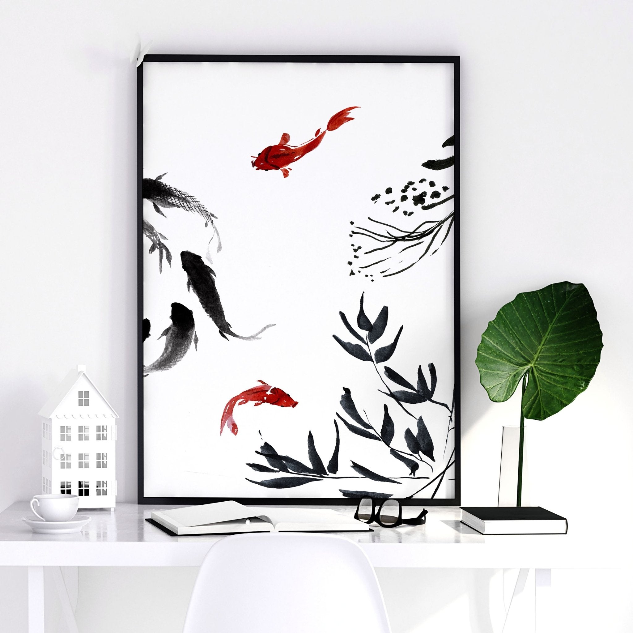 Set of 2 Japanese wall art prints featuring minimalist Koi fishes in a tranquil pond, designed for office decor.