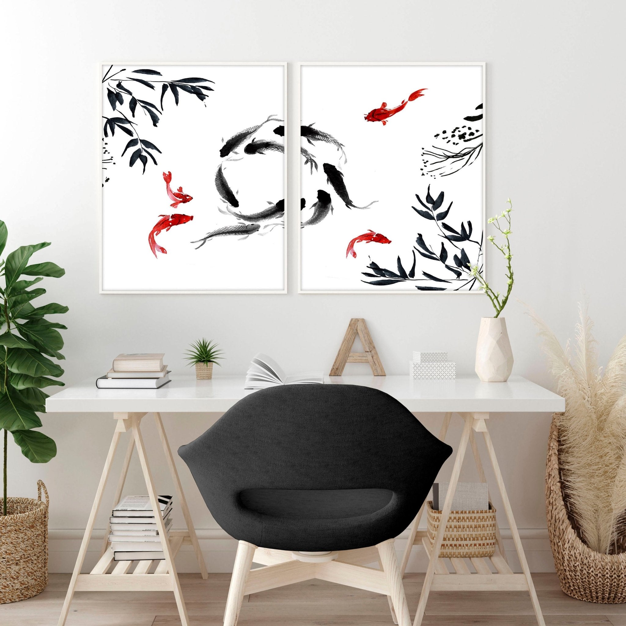 Set of 2 Japanese wall art prints featuring minimalist Koi fishes in a tranquil pond, designed for office decor.