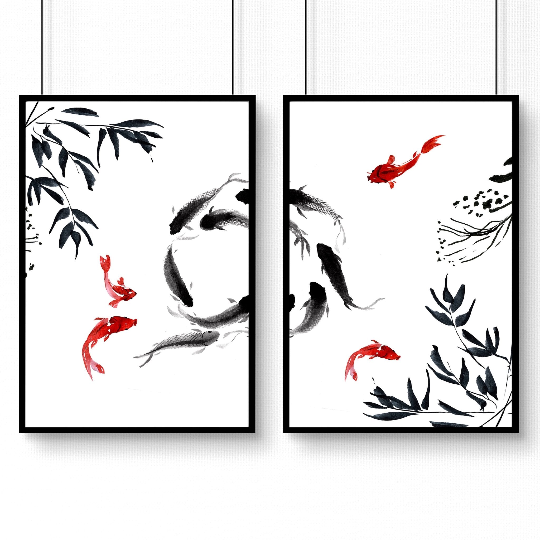 Set of 2 Japanese wall art prints featuring minimalist Koi fishes in a tranquil pond, designed for office decor.