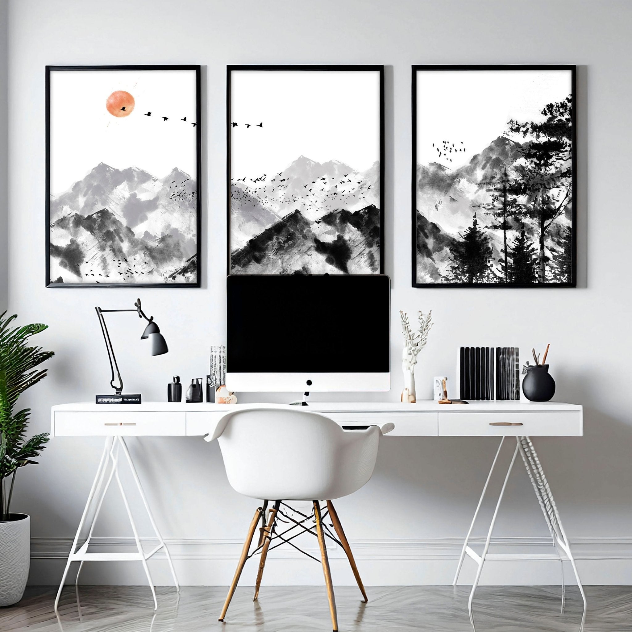 Set of three Scandinavian wall art prints featuring minimalist designs in muted colors, perfect for office decor.