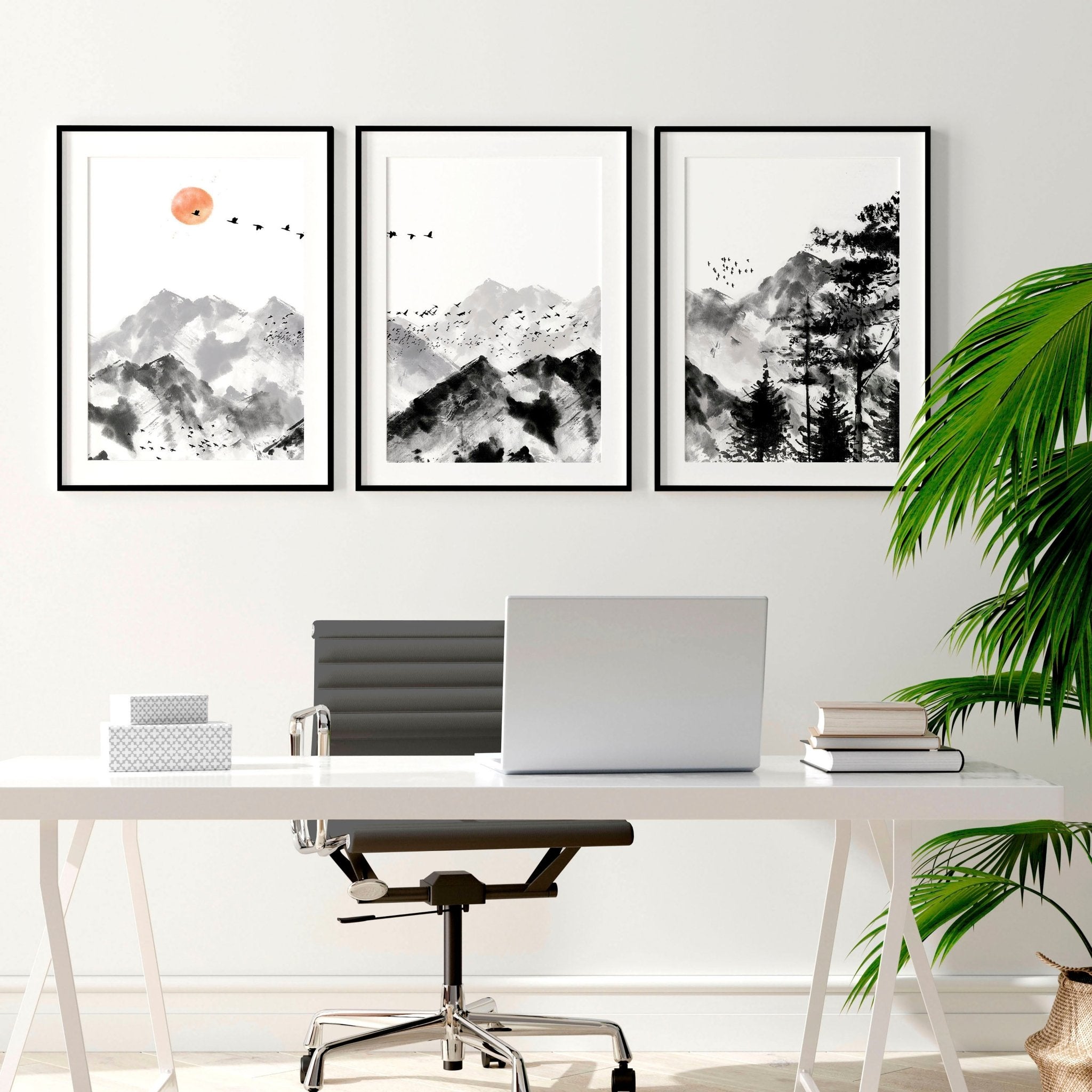 Set of three Scandinavian wall art prints featuring minimalist designs in muted colors, perfect for office decor.