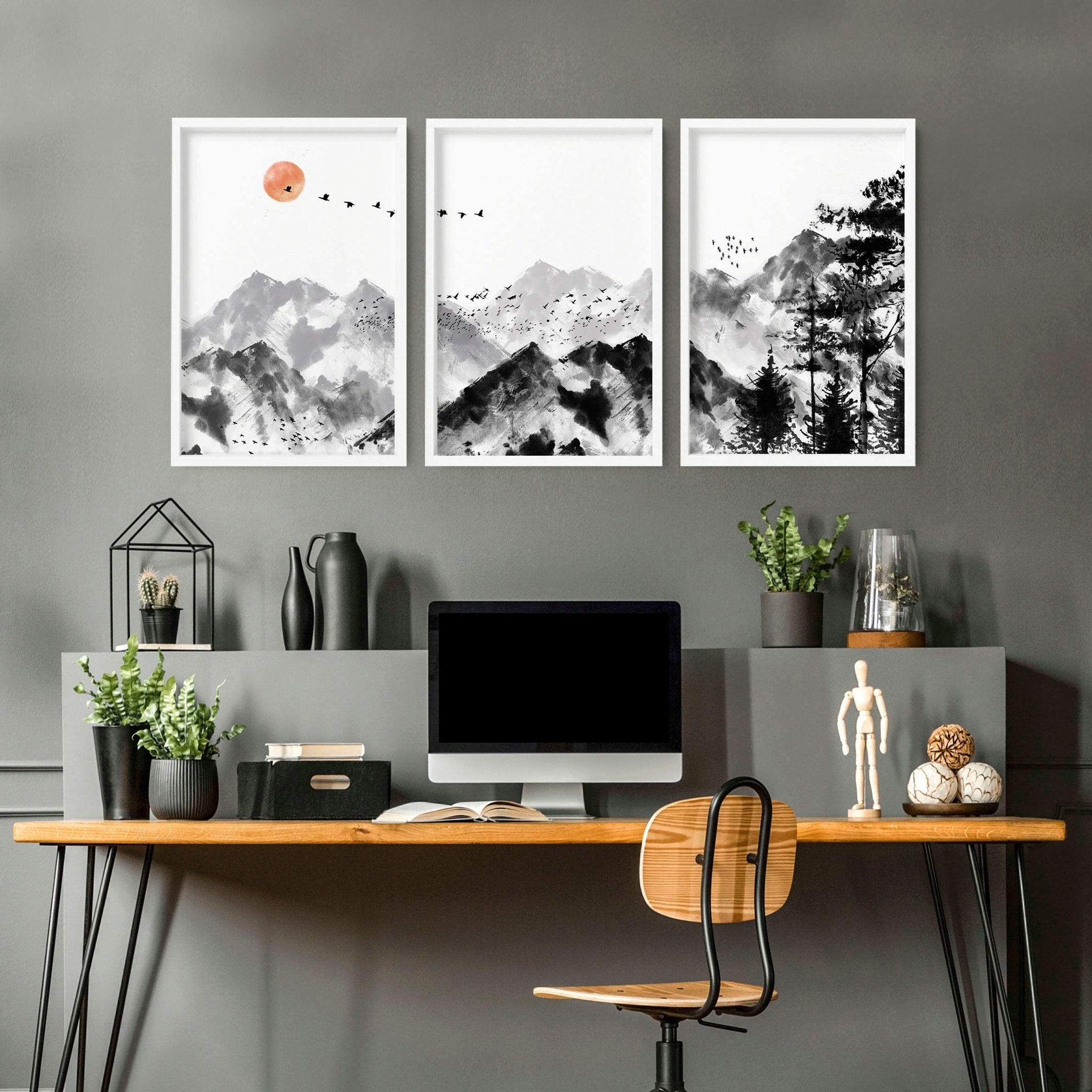 Set of three Scandinavian wall art prints featuring minimalist designs in muted colors, perfect for office decor.